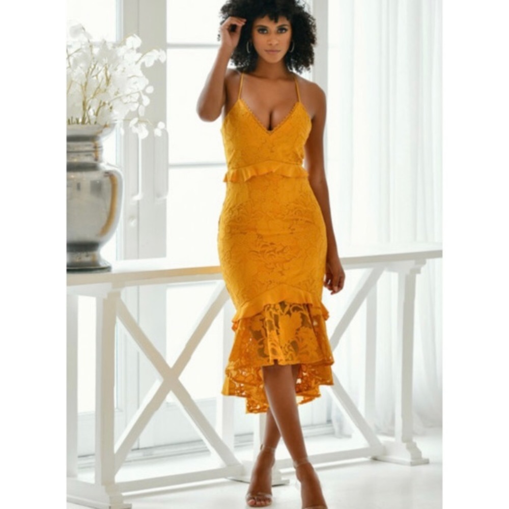 Elegant Yellow Lace Midi Dress